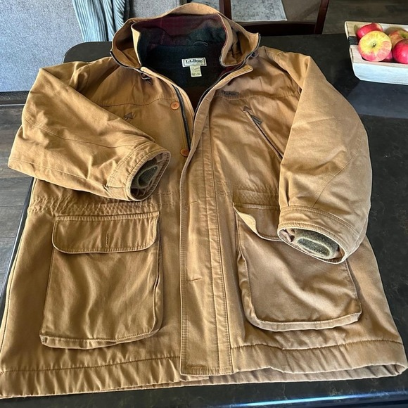 Vintage LL Bean Field Coat Mens XL Tan Canvas Plaid Wool Lined Parka Made in USA - Picture 4 of 16
